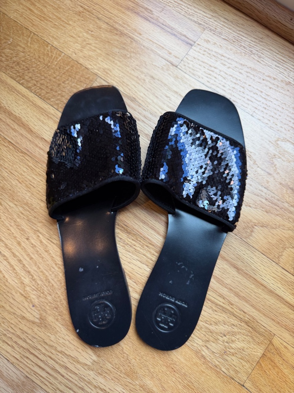 Tory Burch Black Sequin Slide Sandals with Iridescent Accents